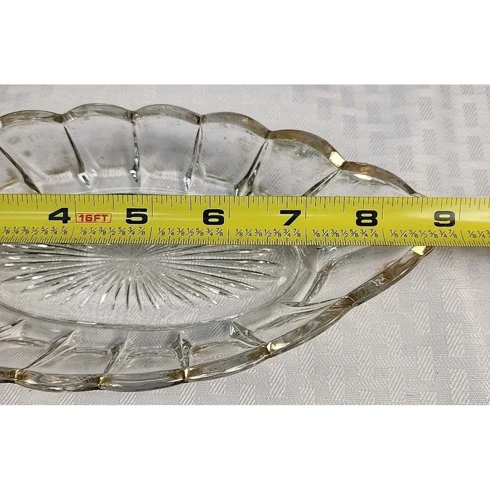 Vintage Pressed Glass Oval Relish Dish Scalloped Gold Brushed Rim Starburst Base